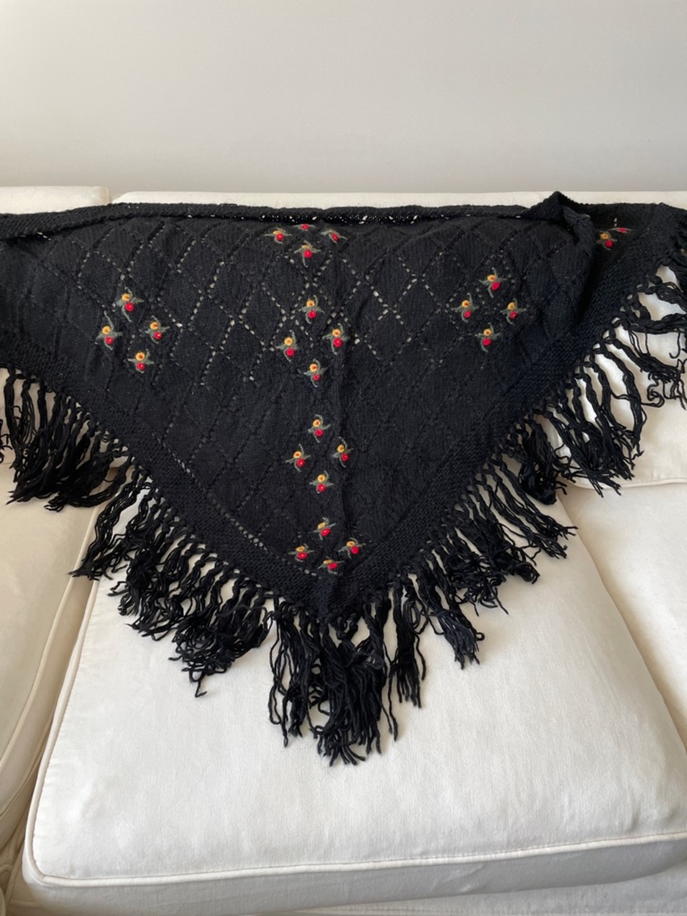 Black hand Knitted wool Fringe Triangle Shawl with Red Floral Embroidery